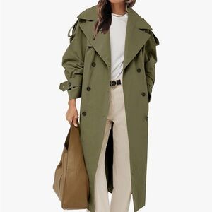 Long Olive Double-Breasted Trench Coat for Women